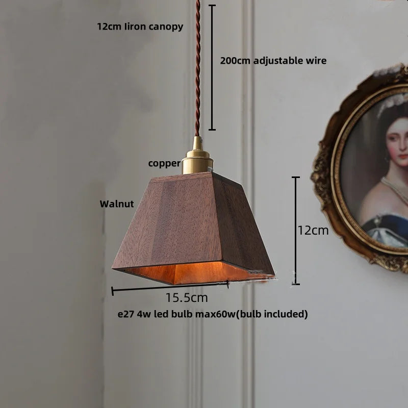DecorBites™ LED Pendant Lamp: Japan Style, Copper Socket, Walnut Wood, Adjustable Hanging Light