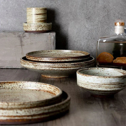 DecorBites™ Japanese Style Handmade Stoneware Dinnerware Set - Round Plates and Bowls