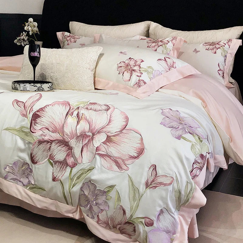 DecorBites™ Blooming Flowers Embroidery Bedding Set 600TC Egyptian Cotton Duvet Cover Queen King