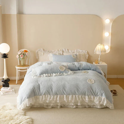 ™ Luxe Carved Velvet Lace Ruffles Bedding Set with Quilted Bed Skirt