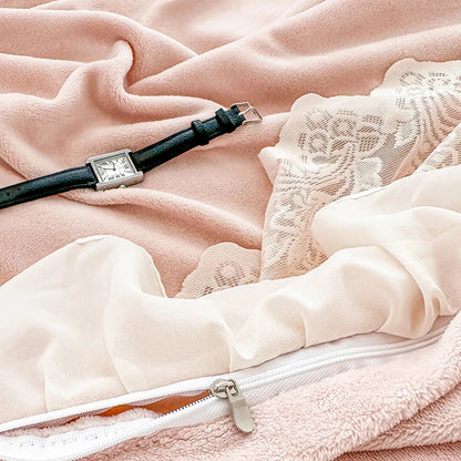 DecorBites™ French Lace Ruffles Princess Wedding Bedding Set, Velvet Fleece Duvet Cover Set