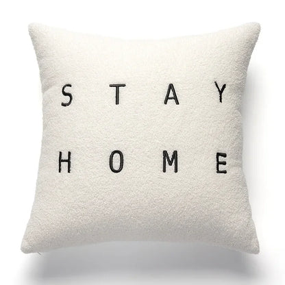 DecorBites™ Lambswool Face Embroidered Cushion Cover 45x45 - Beige White Abstract Art Pillowcase