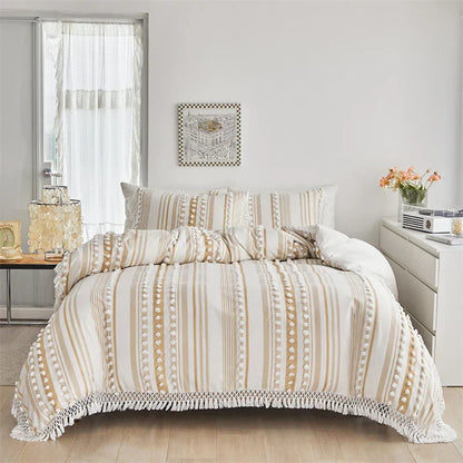 DecorBites™ Boho Stripe Furball Duvet Set: High-Quality King Size Bedding with Tassels