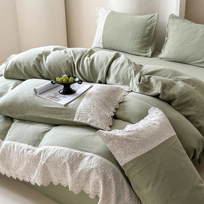 DecorBites™ French Lace Cotton Bedding Set: Duvet, Sheet, Pillowcases, 4Pc