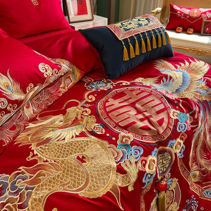 DecorBites™ Luxury Gold Loong Phoenix Embroidery Bedding Set, 1000TC Egyptian Cotton