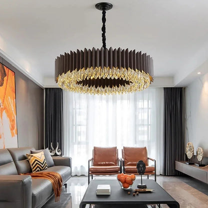 DecorBites™ Crystal Chandelier: Black Gold Round LED Pendant Light for Living Room or Bedroom