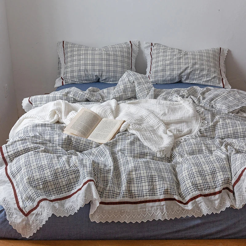 DecorBites™ Korean Seersucker Lace Ruffles Bedding Set for Girls