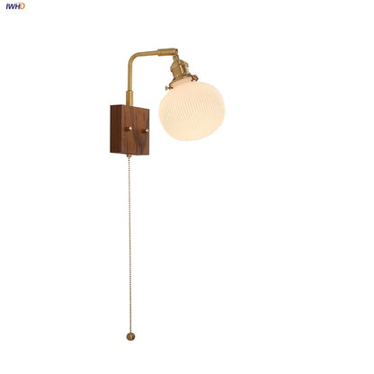 ™ Globe Ceramic Walnut Wood Wall Light with Pull Chain Switch and Rotatable Design