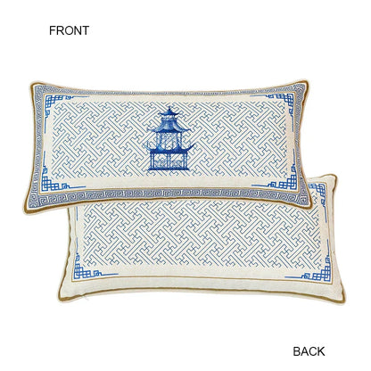 DecorBites™ Blue Chinoiserie Home Pagoda Bolster Pillowcase 30x65 Luxury Cushion Cover