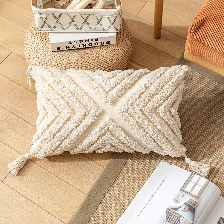 DecorBites™ Boho Tufted Beige White Tassel Pillow Cover Home Decor Square Beaded Case