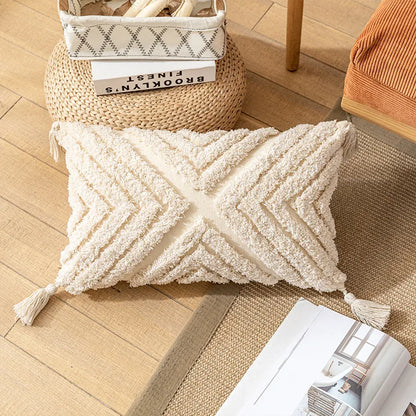 DecorBites™ Boho Tufted Beige White Tassel Pillow Cover Home Decor Square Beaded Case