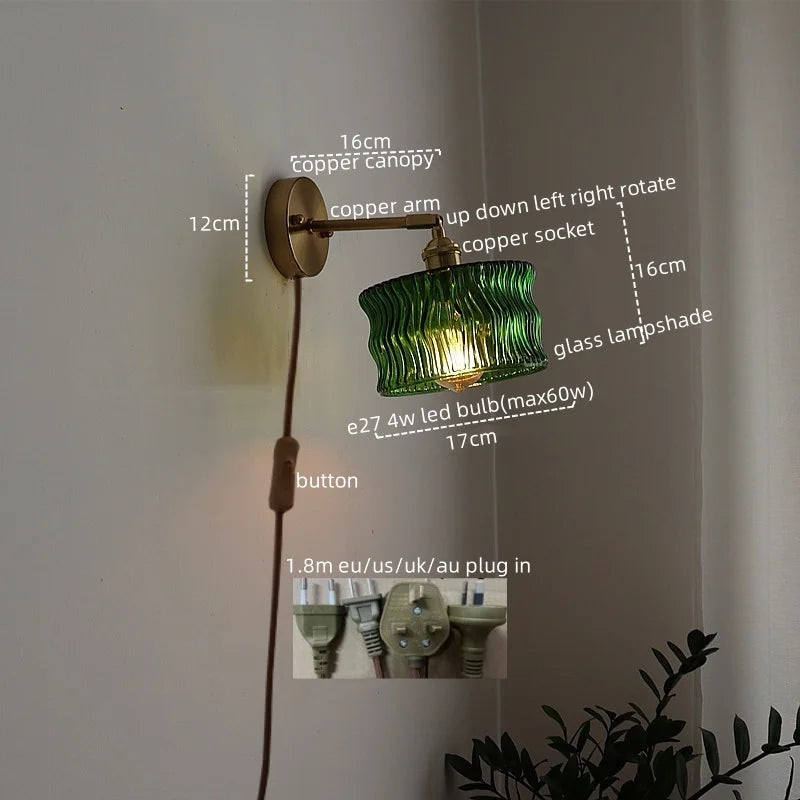 DecorBites™ LED Glass Copper Wall Sconce Pull Chain Switch Lamp for Bedroom Living Room