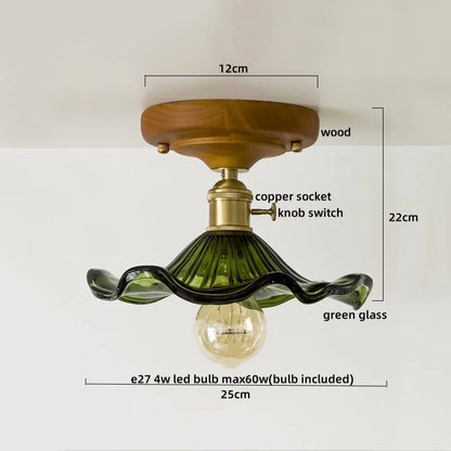 DecorBites™ Green Glass LED Ceiling Lamp Nordic Wood Copper Ceiling Lights