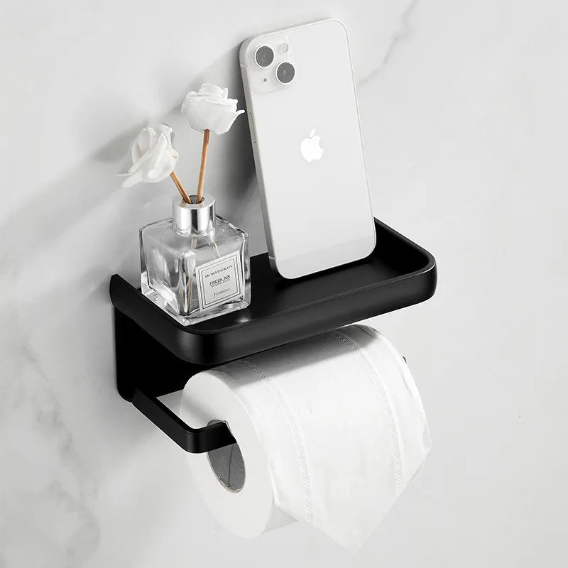DecorBites™ Aluminum Black Tissue Holder with Phone Shelf - Toilet Paper Rack