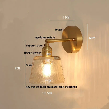 DecorBites™ Clear Glass LED Wall Lights Brass E27 Pull Chain Switch Bedside Lamp