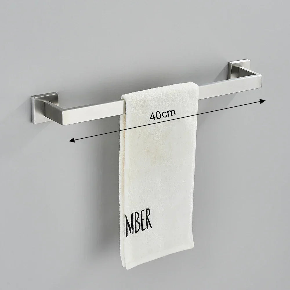 DecorBites™ Brushed Nickel Bathroom Hardware Set: Robe Hook, Towel Rail, Bar Rack, Shelf, Tissue Holder