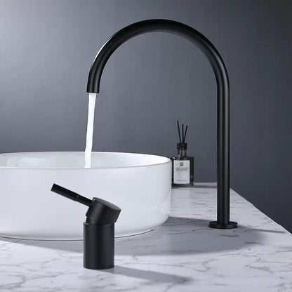 DecorBites™ Black Basin Faucet: Brushed Gold Two-Hole Bathroom Sink Tap with Rotating Spout