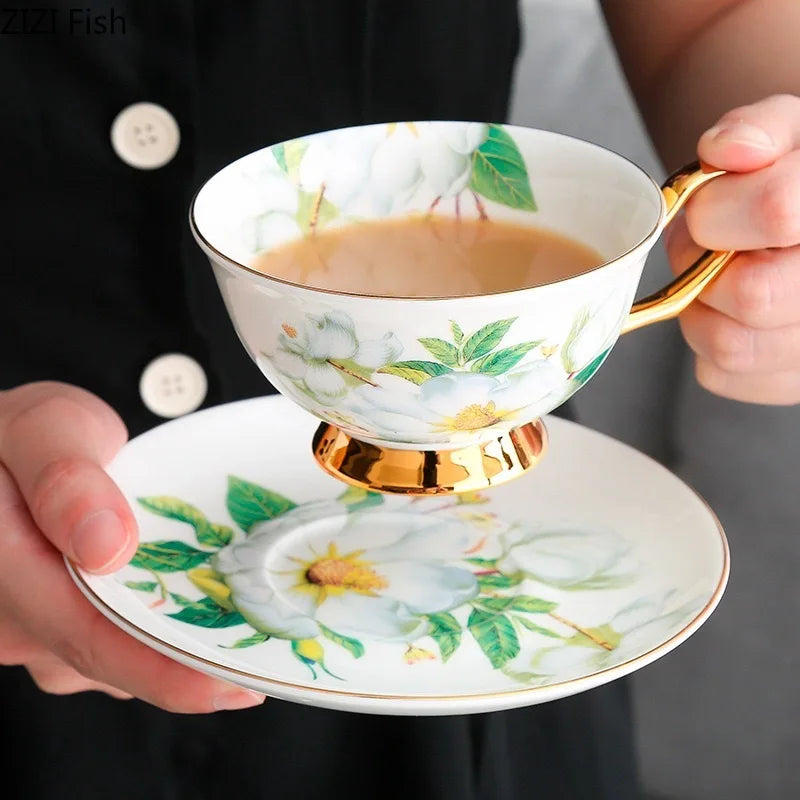 DecorBites™ Green Flowers Ceramic Cup & Saucer Set for Coffee, Tea, Juice, and More