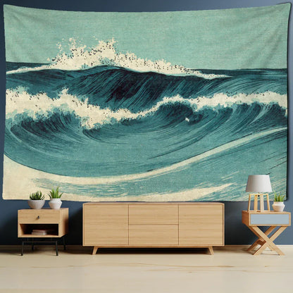 DecorBites™ Blue Wave Oil Painting Tapestry Wall Hanging for Bohemian Style Room Decor