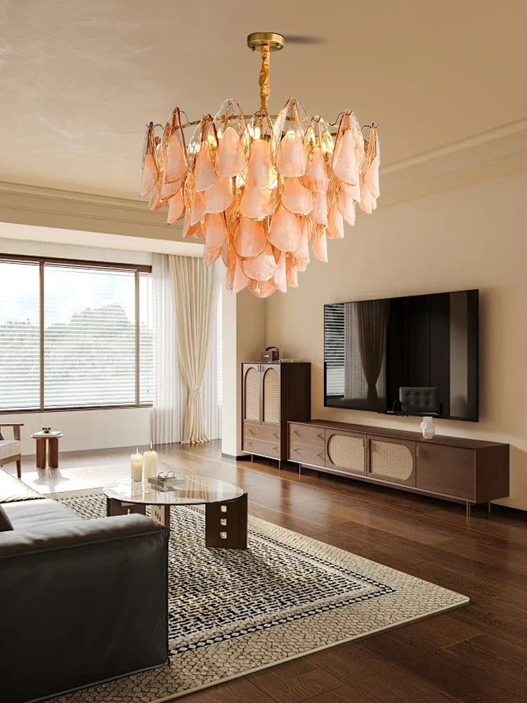 DecorBites™ Gold Chrome Dimmable Amber Glass Petal Chandelier – French Design Luxury Hanglamp