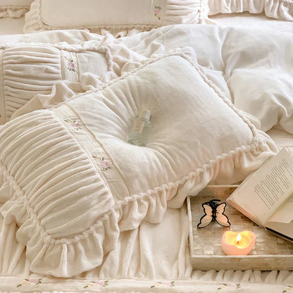 DecorBites™ French Pleat Lace Ruffles Bedding Set, Velvet Fleece Duvet Cover, Embroidered Flowers