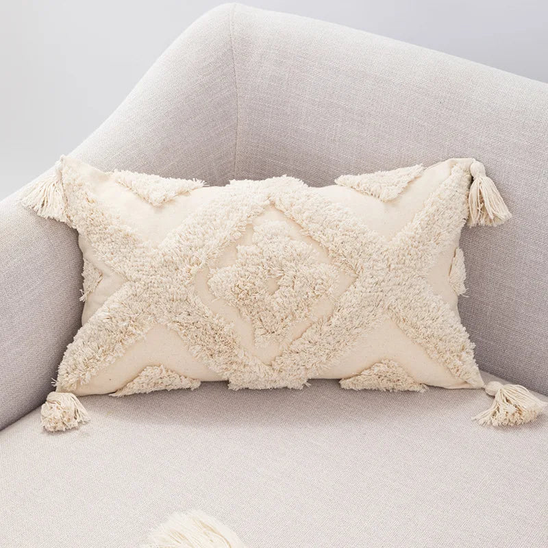 DecorBites™ Boho Tufted Beige White Tassel Pillow Cover Home Decor Square Beaded Case