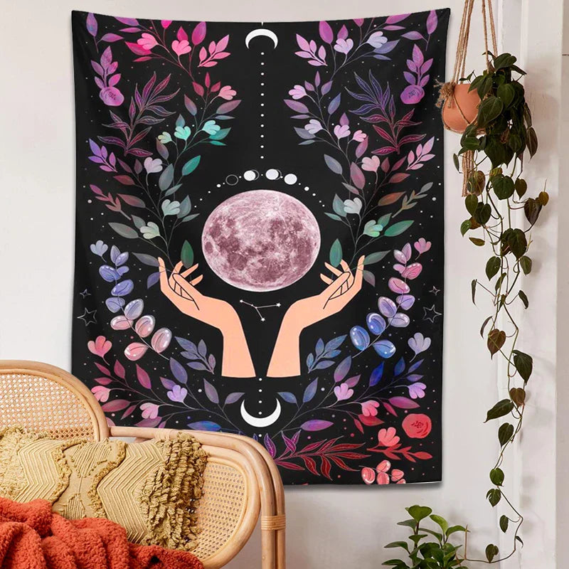 DecorBites™ Botanical Moon Tapestry: Psychedelic Boho Wall Art for Magic Crystal Altar & Chakra