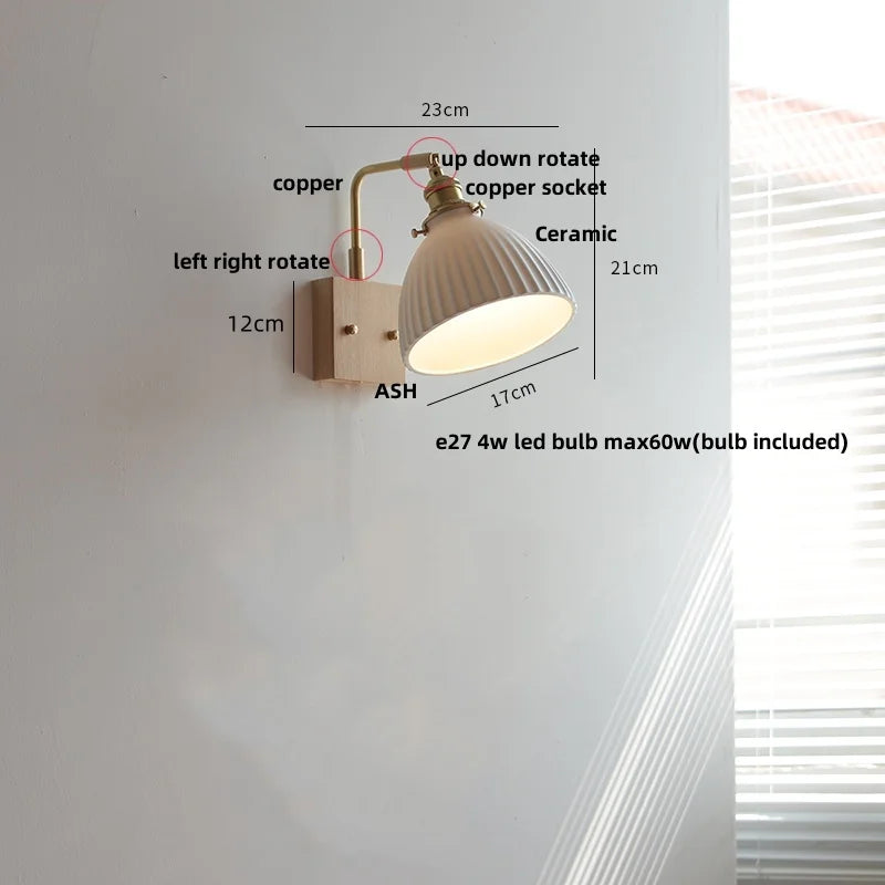 ™ Globe Ceramic Walnut Wood Wall Light with Pull Chain Switch and Rotatable Design