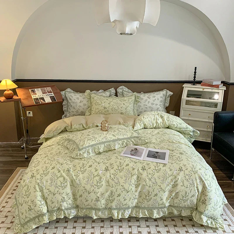 DecorBites™ French Floral Bedding Set, 100% Cotton, Ruffles, Duvet Cover, Bed Sheet, Pillowcases