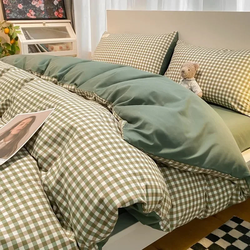 DecorBites™ Japanese Grid Print Bed Set in Washed Cotton for Summer Comfort