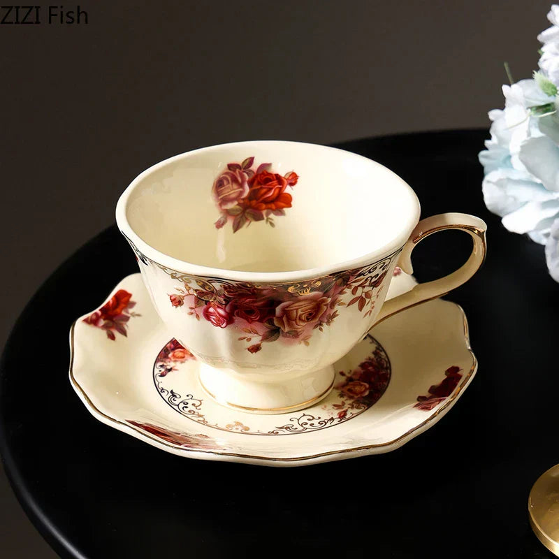 DecorBites™ Blooming Roses Porcelain Coffee Mug with Golden Edge & Saucer