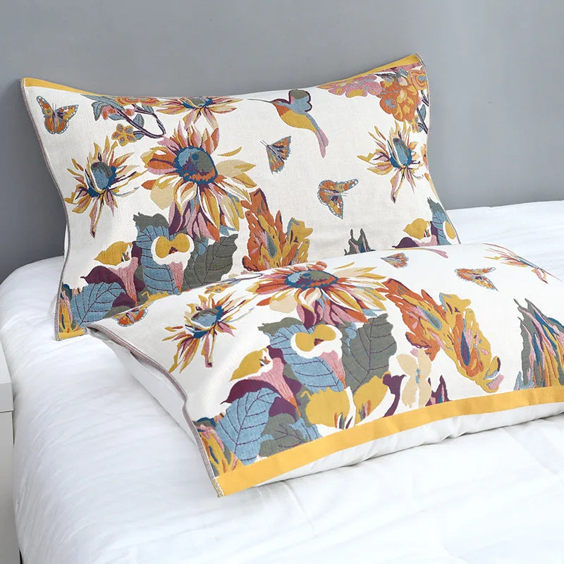 DecorBites™ Cotton Summer Blanket & Pillow Set - Birds & Flowers Design