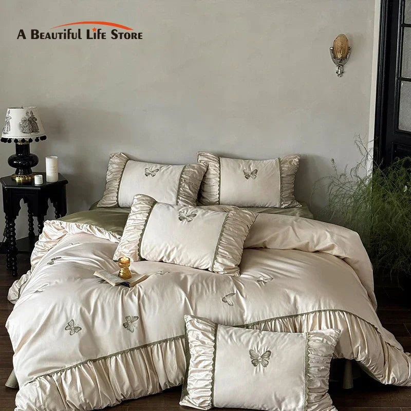 DecorBites™ Butterfly Embroidery 1000TC Egyptian Cotton Bedding Set with Duvet Cover, Sheet, Pillowcases