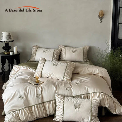 DecorBites™ Butterfly Embroidery 1000TC Egyptian Cotton Bedding Set with Duvet Cover, Sheet, Pillowcases