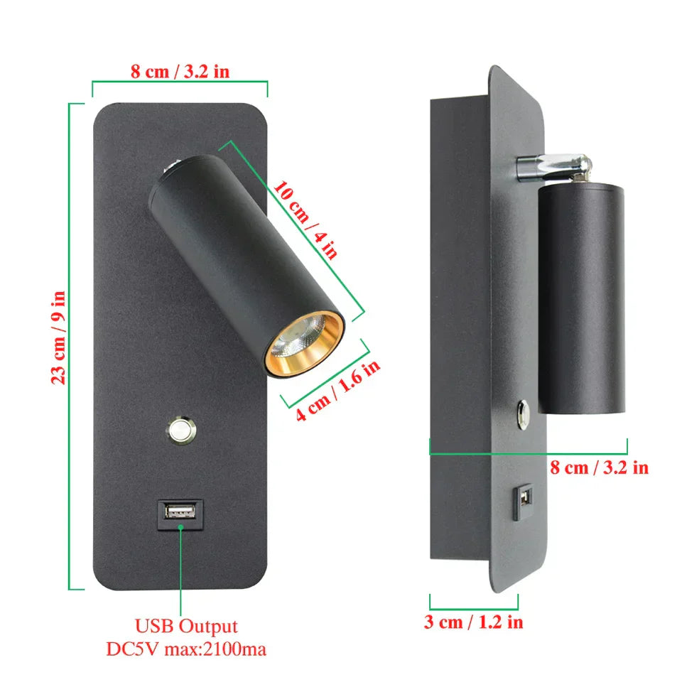 DecorBites™ LED Wall Lights with Switch and USB Interface in White or Black, Modern Sconce
