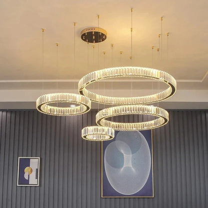 DecorBites™ Gold Crystal Round Ring Chandeliers with LED Pendant Light for Ceiling Lighting