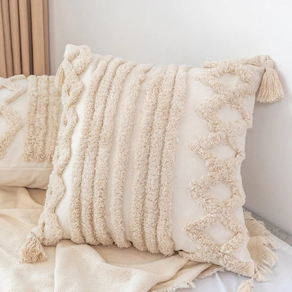 DecorBites™ Boho Square Pillowcase with Embroidery & Tassel Detail for Living Room Sofa