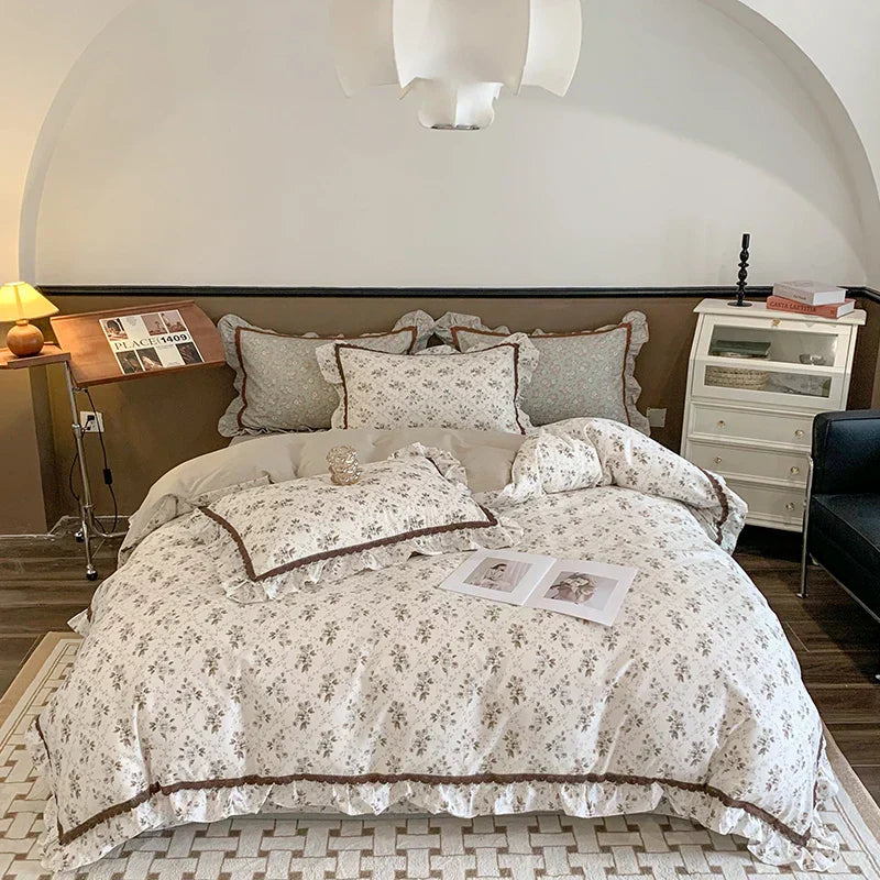 DecorBites™ French Floral Bedding Set, 100% Cotton, Ruffles, Duvet Cover, Bed Sheet, Pillowcases