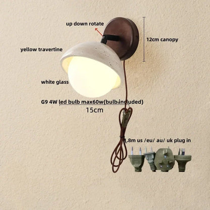 DecorBites™ LED Wall Sconce Yellow Travertine Stone Bedroom Study Cafe Wood Base Stair Light