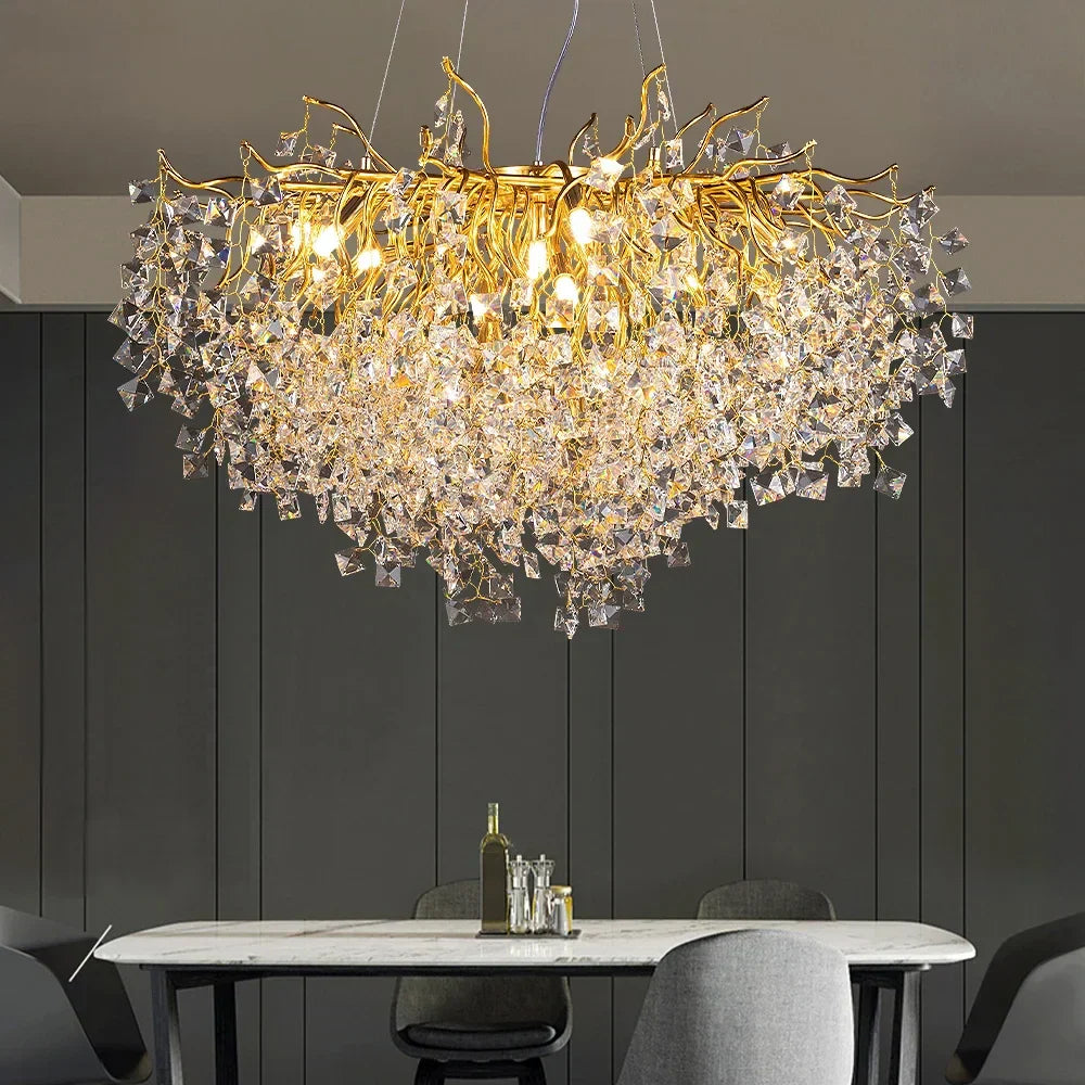 DecorBites™ Gold Crystal Chandelier LED Round Light Island Branch Chandelier