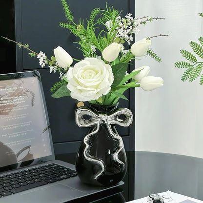 DecorBites™ 3D Ribbon Ceramic Vase with Cute Bow - Home Floral Decoration