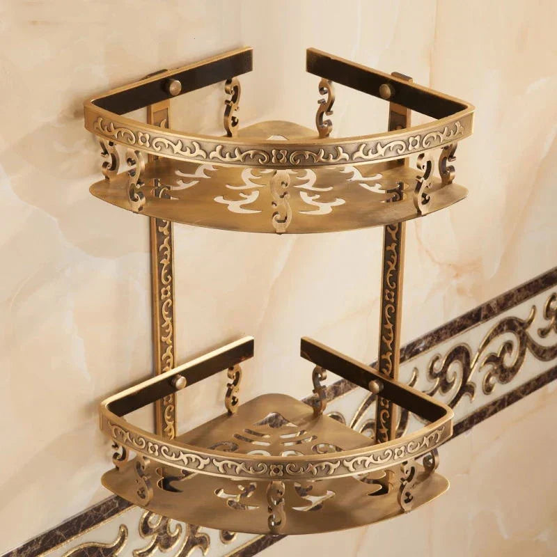 DecorBites™ Aluminum Bathroom Corner Shelf - 40cm Length, Antique Finish, Shower Room Basket