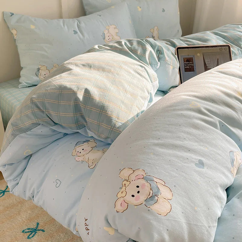 DecorBites™ Cartoon Pattern 100% Cotton Bedding Set - Single Double Size Soft Fitted Sheet, Cozy & Breathable