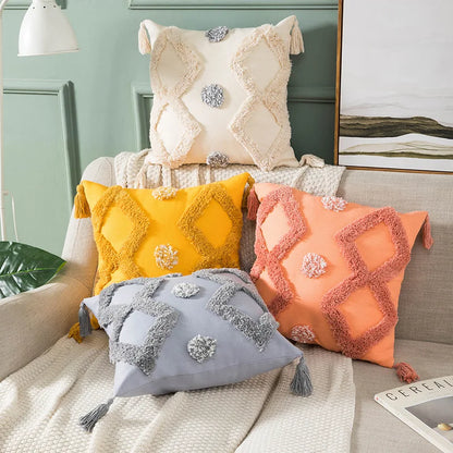 DecorBites™ Boho Tufted Embroidered Cotton Canvas Cushion Cover Grey Beige Tassel Pillowcase