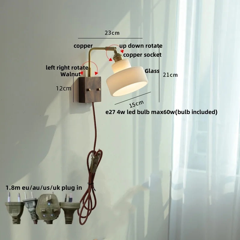 DecorBites™ Brass Walnut Wood LED Wall Sconce with Pull Chain Switch & Flower Glass