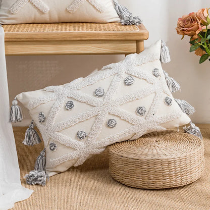 DecorBites™ Boho Tufted Embroidered Cotton Canvas Cushion Cover Grey Beige Tassel Pillowcase