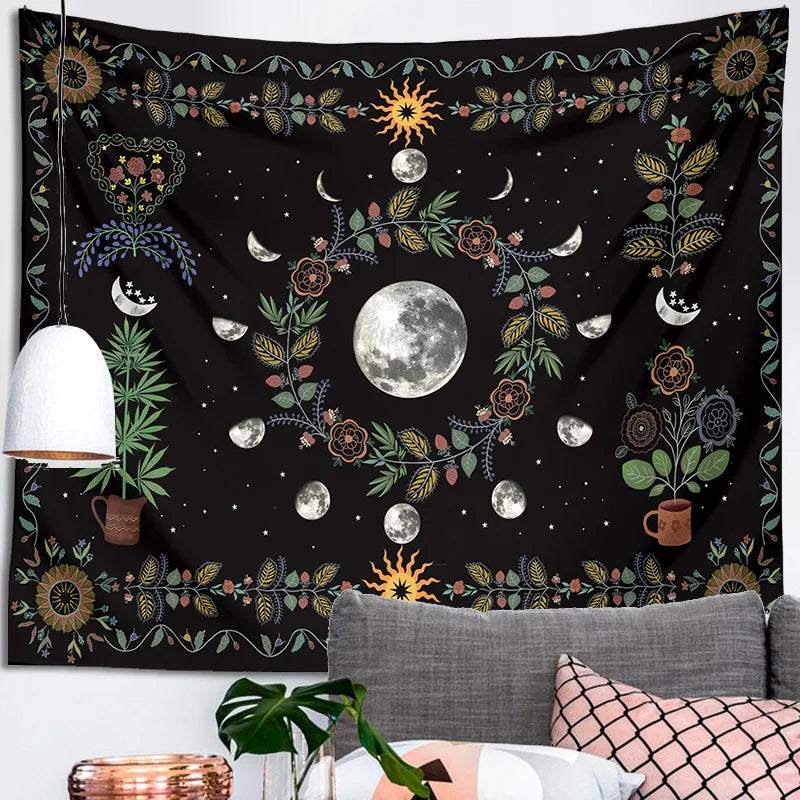 DecorBites™ Celestial Moon Phase Floral Tapestry Wall Hanging