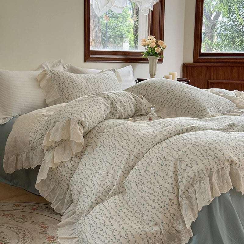 DecorBites™ Elegant Floral Lace Ruffles Bedding Set with Double Yarn - Soft Cotton Blend