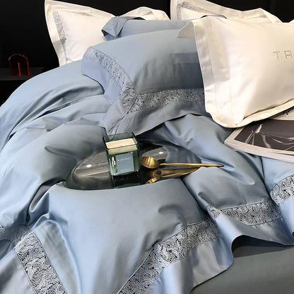 DecorBites™ Grey Hollow Lace 1000TC Egyptian Cotton Bedding Set with Wide Edge