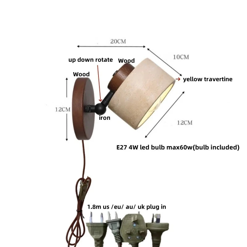 DecorBites™ LED Wall Sconce Iron Rotate Kitchen Bedroom Hallway Yellow Travertine Wood Mirror Light